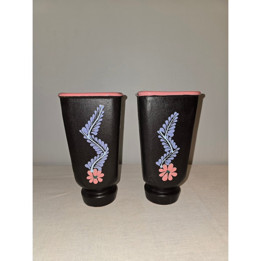 Mezcalito Vases (2) Black Pink Floral Ceramic Mezcal Tequila Barware OS Good